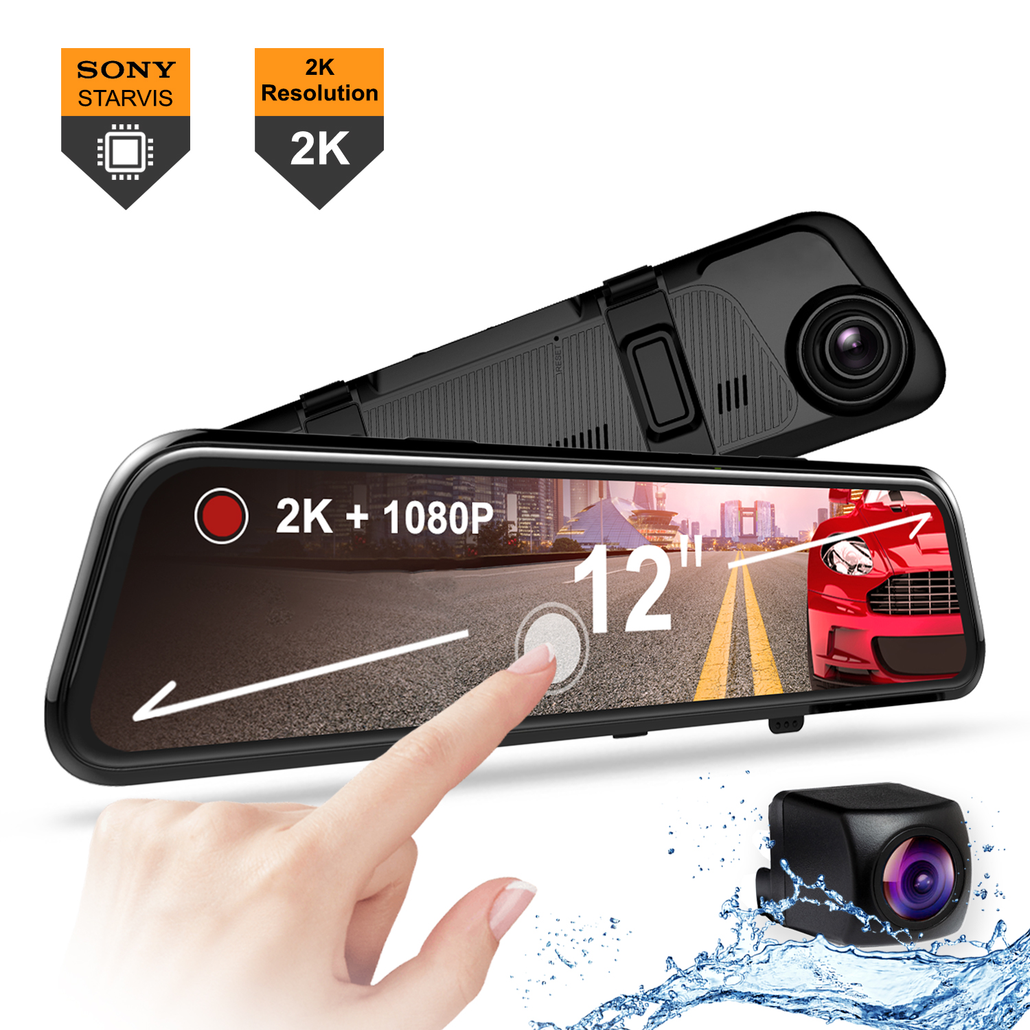 Night Vision 12 Mirror Dash Cam,Backup Camera with 1440p IPS Full Touch Screen Parking Monitor Dual Lens Waterproof Front Rear Dash Camera for Car Rear View Mirror Camera with Loop Recording